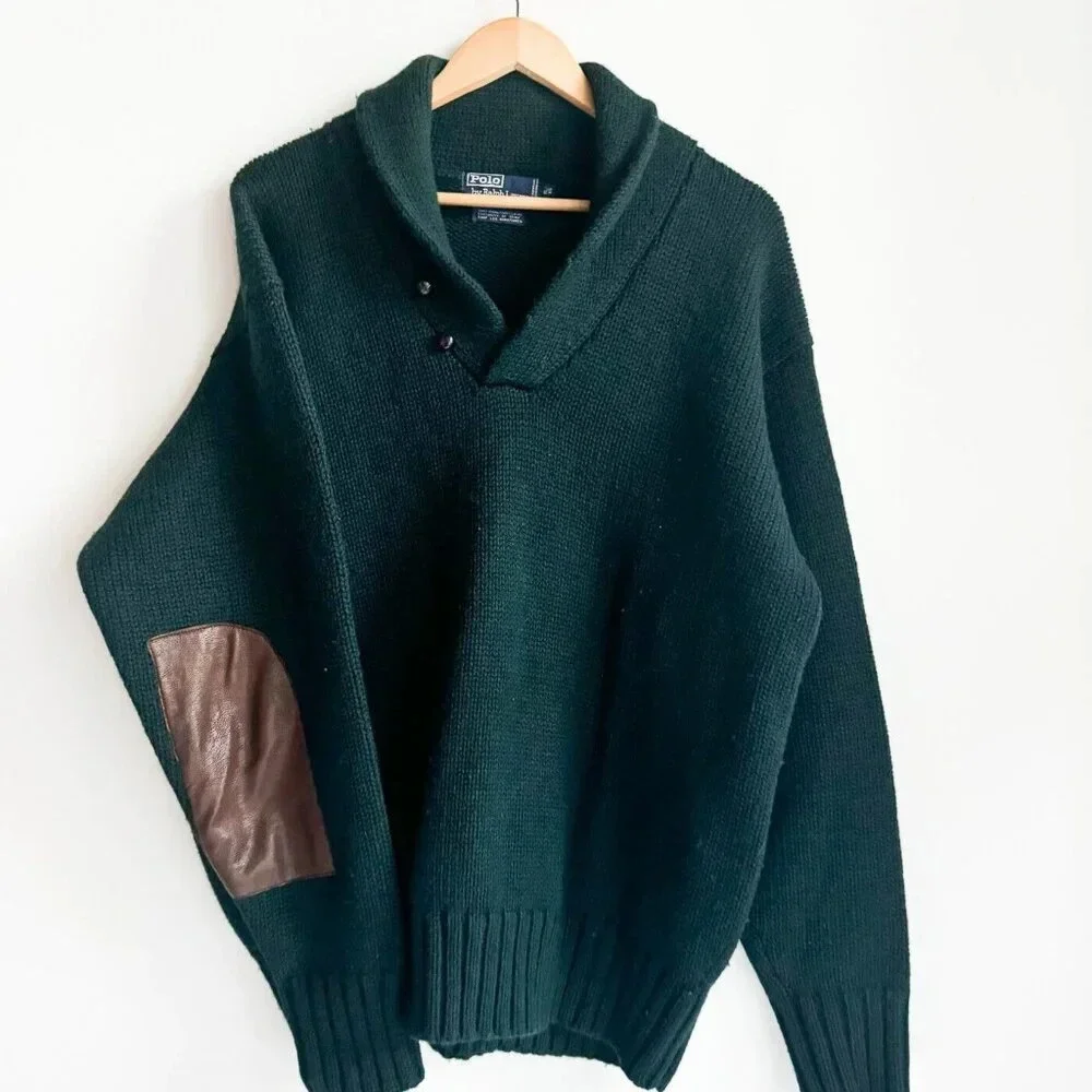Vintage Polo Ralph Lauren Forest Green Wool Pullover with Leather Patches XL